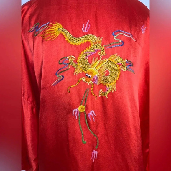 Vintage Mid Century Hand Embroidered Chinese Dragon Rayon Longline Lounge Robe - Picture 4 of 14